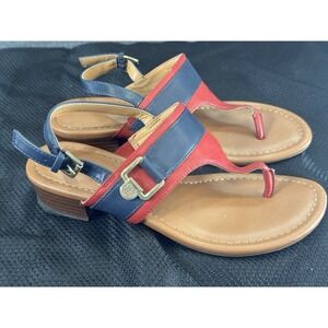 Tommy Hilfiger color block Red Blue Gold Buckle Tan sandals. Size 6 1/2 197 1019